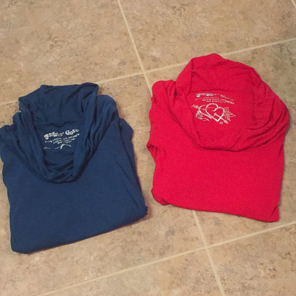 Red and blue long sleeve shirt with a cowl neck